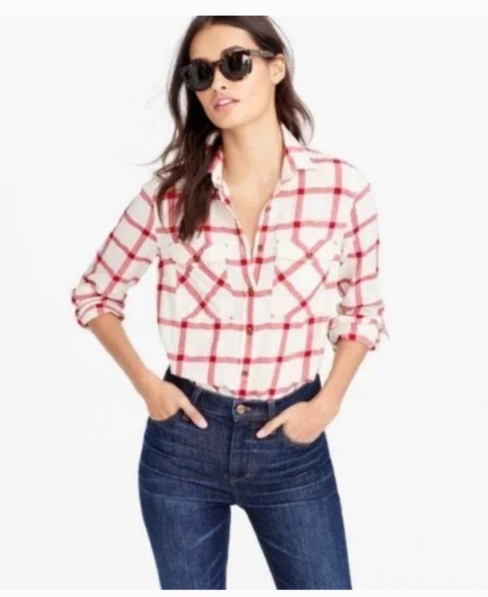 J CREW Womens Boyfriend Shirt Vintage Red Plaid Windowpane Button Up Top sz 0